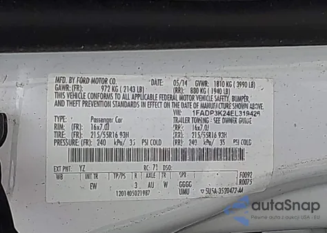 2014 Ford Focus Se z USA, uszkodzony, nr VIN 1FADP3K24EL319426